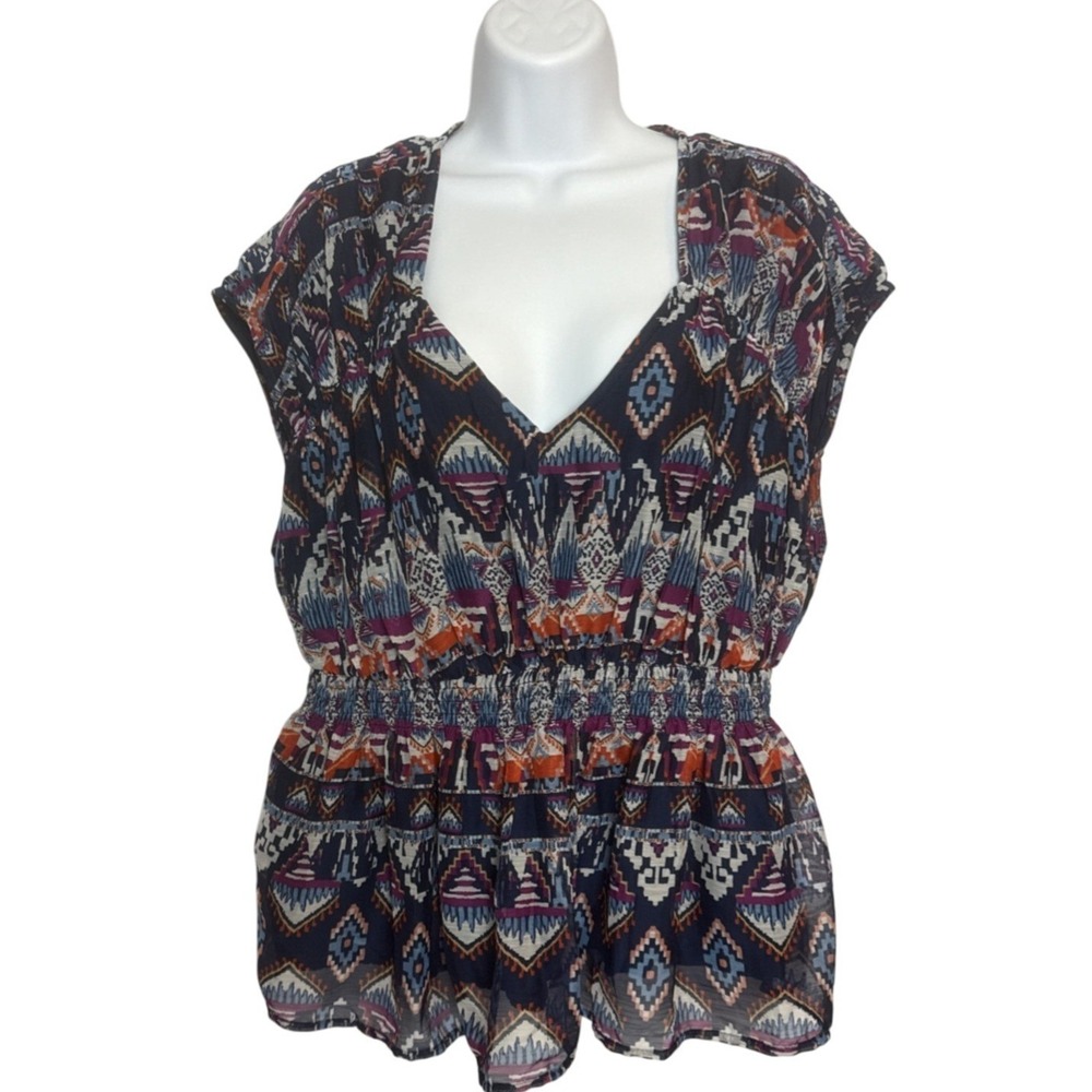Old Navy Womens Large Top Ruffled Ruched Aztec Boho‎ Peasant Blouse Sheer